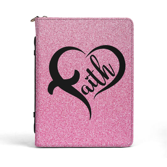 Faith Heart Pink Sparkle Print PU Leather Book or Bible Cover With Pocket - 4 Sizes