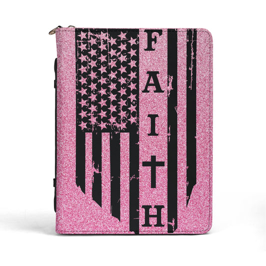 American Flag and FAITH Black on Pink Sparkle Print PU Leather Book/Bible Cover With Pocket - 4 Sizes