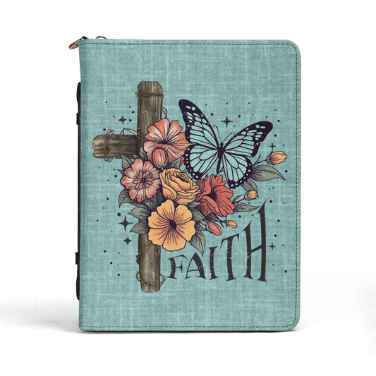 Cross with Flowers and Butterflies FAITH on Green Linen Print PU Leather Book or Bible Cover With Pocket - 4 Sizes