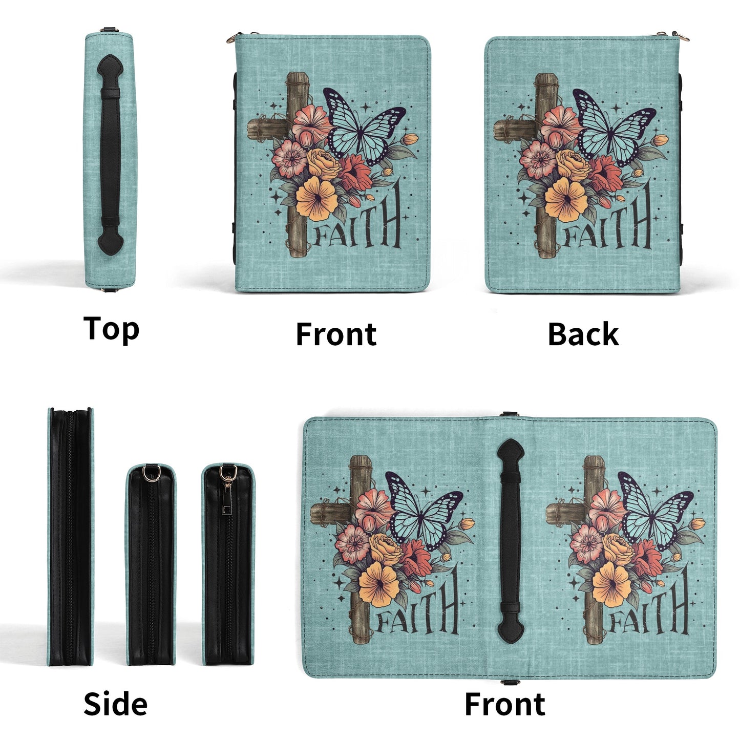 Cross with Flowers and Butterflies FAITH on Green Linen Print PU Leather Book or Bible Cover With Pocket - 4 Sizes