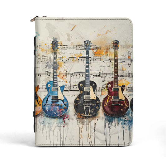 Harmonious Diversity: Array of Electric Guitars in Multicolors Resting on Sheet Music Print PU Leather Book or Bible Cover With Pocket - 4 Sizes