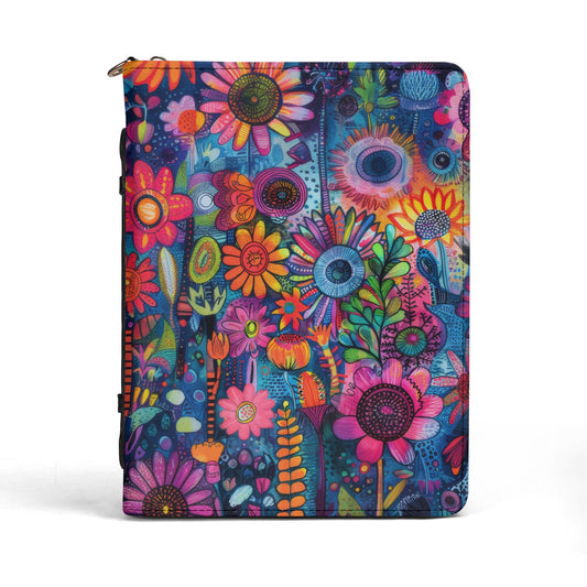 Vibrant Flower Garden Abstract Print PU Leather Book or Bible Cover With Pocket - 4 Sizes