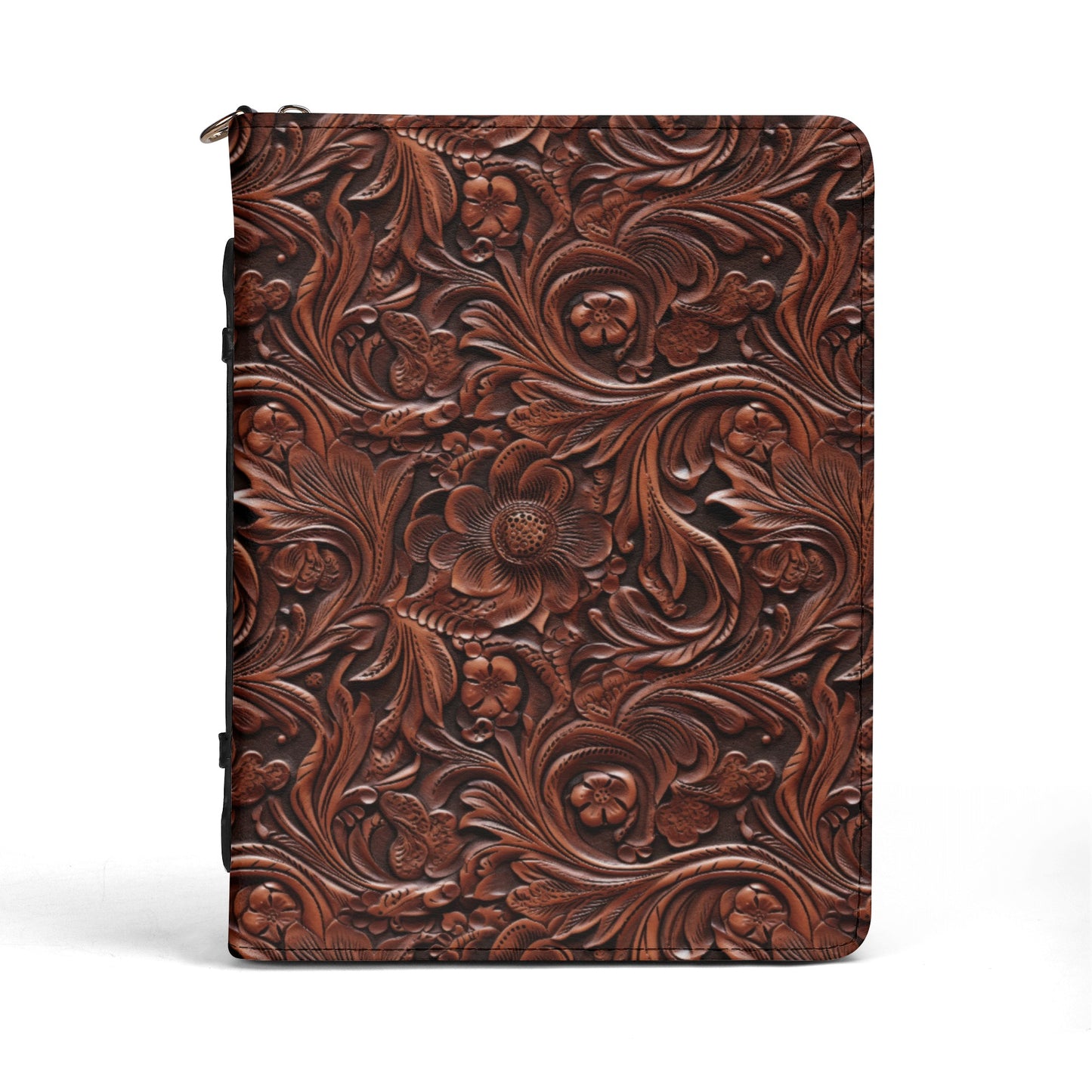 Tooled Print of Rustic Brown with Leaf Accents Print PU Leather Bible Cover With Pocket - 4 Sizes