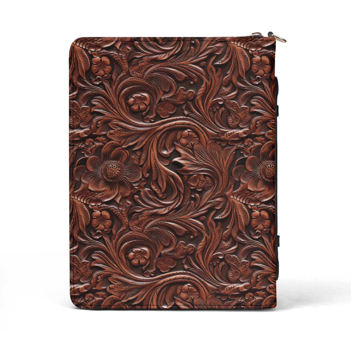 Tooled Print of Rustic Brown with Leaf Accents Print PU Leather Bible Cover With Pocket - 4 Sizes