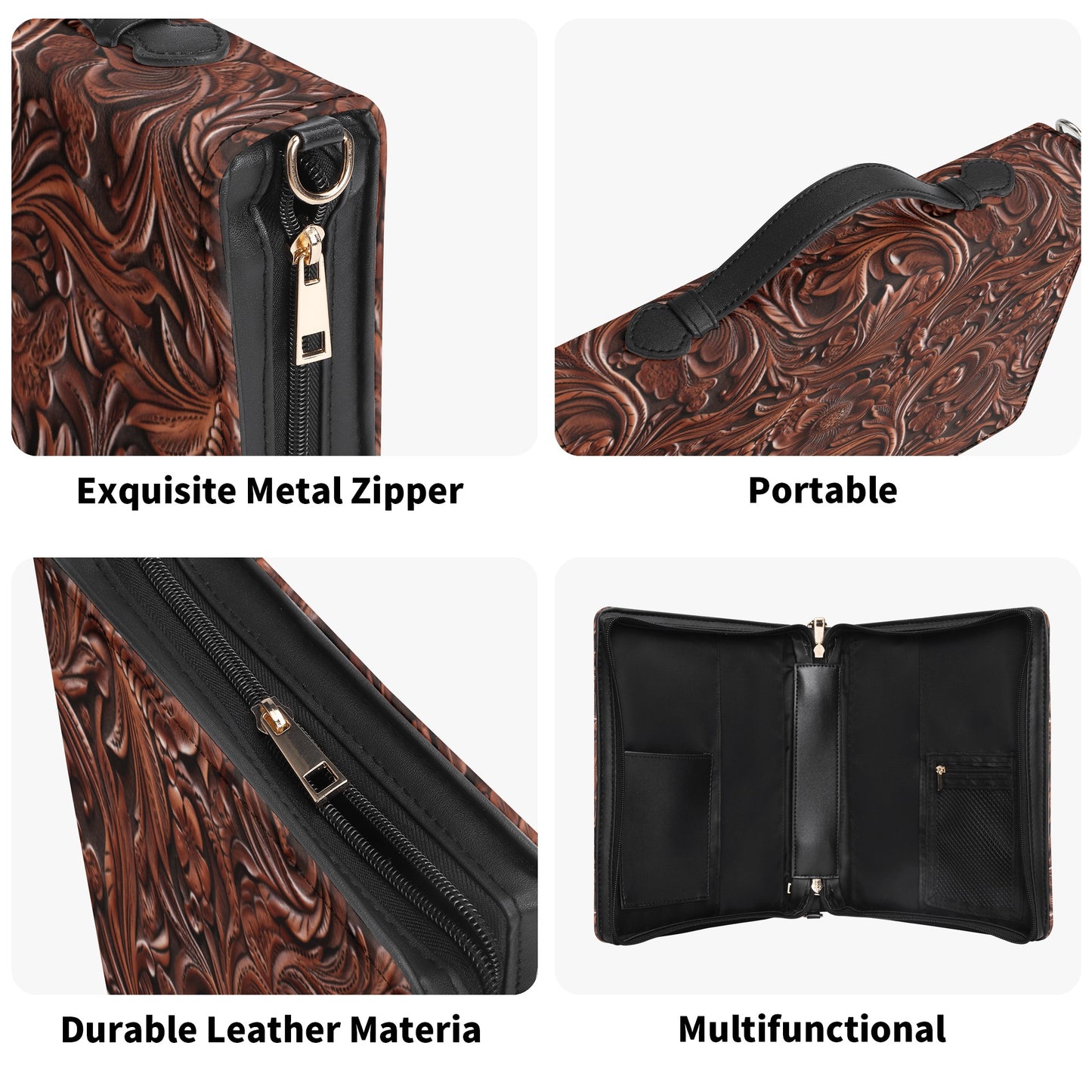 Tooled Print of Rustic Brown with Leaf Accents Print PU Leather Bible Cover With Pocket - 4 Sizes