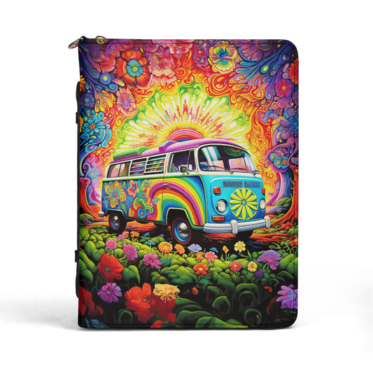 Whimsical VW Bus Spreading Rainbow Happiness Print PU Leather Book or Bible Cover With Pocket - 4 Sizes