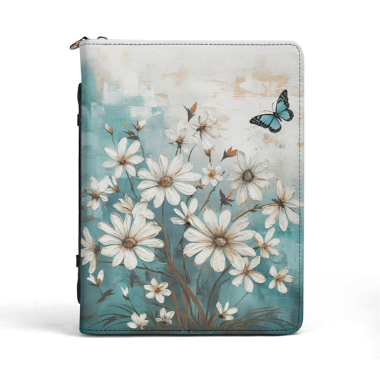 Rustic Farmhouse White and Teal Wild Daisies and Butterflies Print PU Leather Book or Bible Cover With Pocket - 4 Sizes