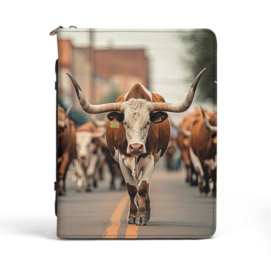 Lone Star Stride: Texas Longhorn Walking Through the Stockyards PU Leather Bible Cover With Pocket - 4 Sizes