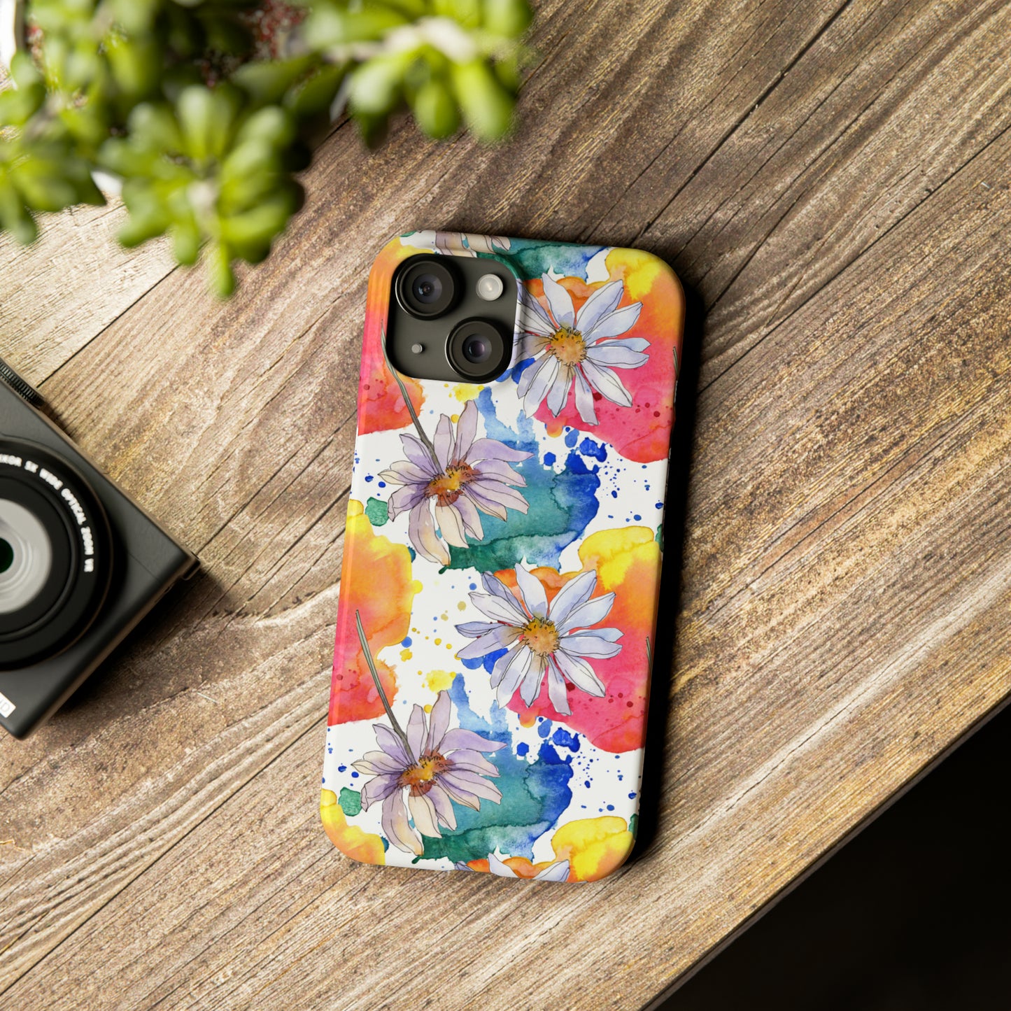 Large Colorful Watercolor Daisy Design Iphone 15-12 Slim Phone Case