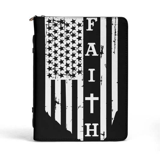 American Flag and FAITH in White on Black Print PU Leather Book or Bible Cover With Pocket - 4 Sizes