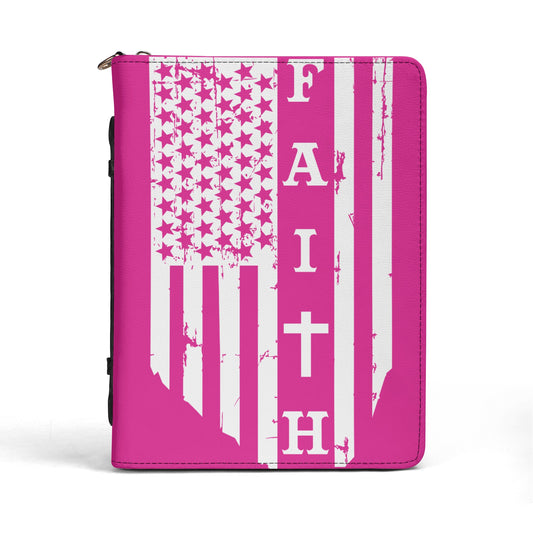 American Flag and FAITH in White on Pink Print PU Leather Book or Bible Cover With Pocket - 4 Sizes