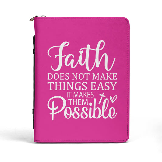 Faith Does Not Make Things Easy It Makes Them Possible White & Pink Print PU Leather Book or Bible Cover With Pocket - 4 Sizes