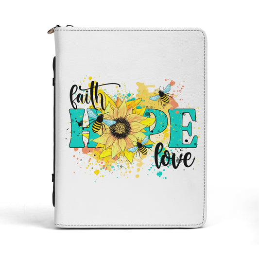 Faith Hope Love Daisy Flower on White Print PU Leather Book or Bible Cover With Pocket - 4 Sizes