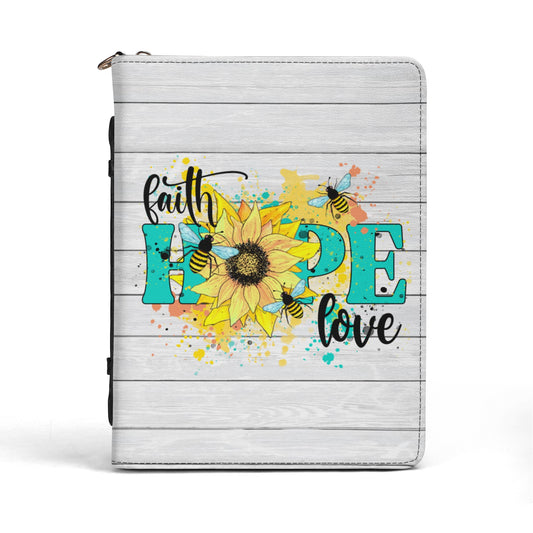 Faith Hope Love Daisy Flower on White Wood Background Print PU Leather Book or Bible Cover With Pocket - 4 Sizes