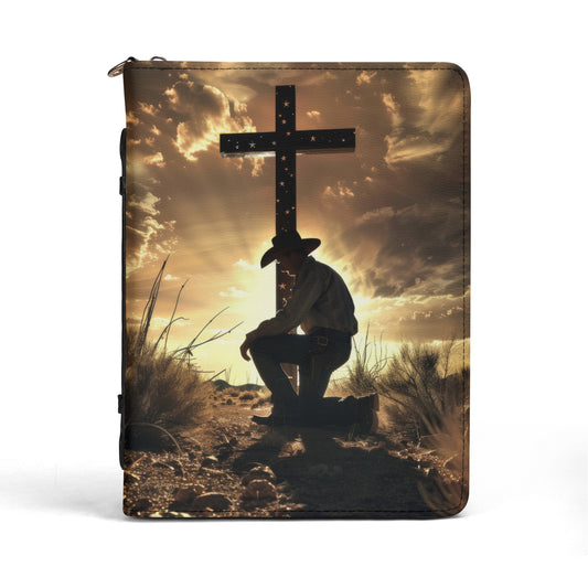 Cowboy Praying at the Cross Print PU Leather Book or Bible Cover With Pocket - 4 Sizes