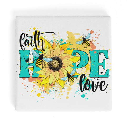 Faith Hope Love Daisy Flower on White Square Ceramic Coasters - Set of 4