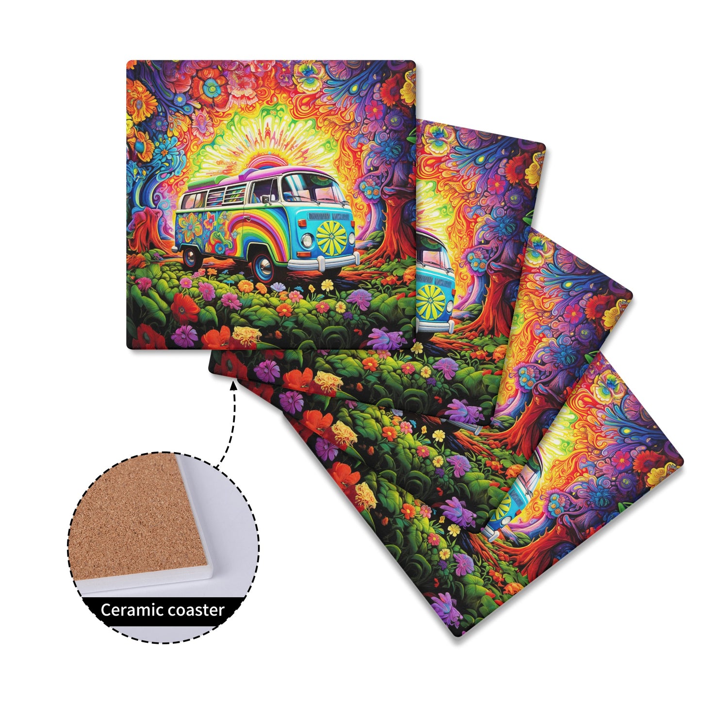 Whimsical VW Bus Spreading Rainbow Happiness Square Ceramic Coasters - Set of 4