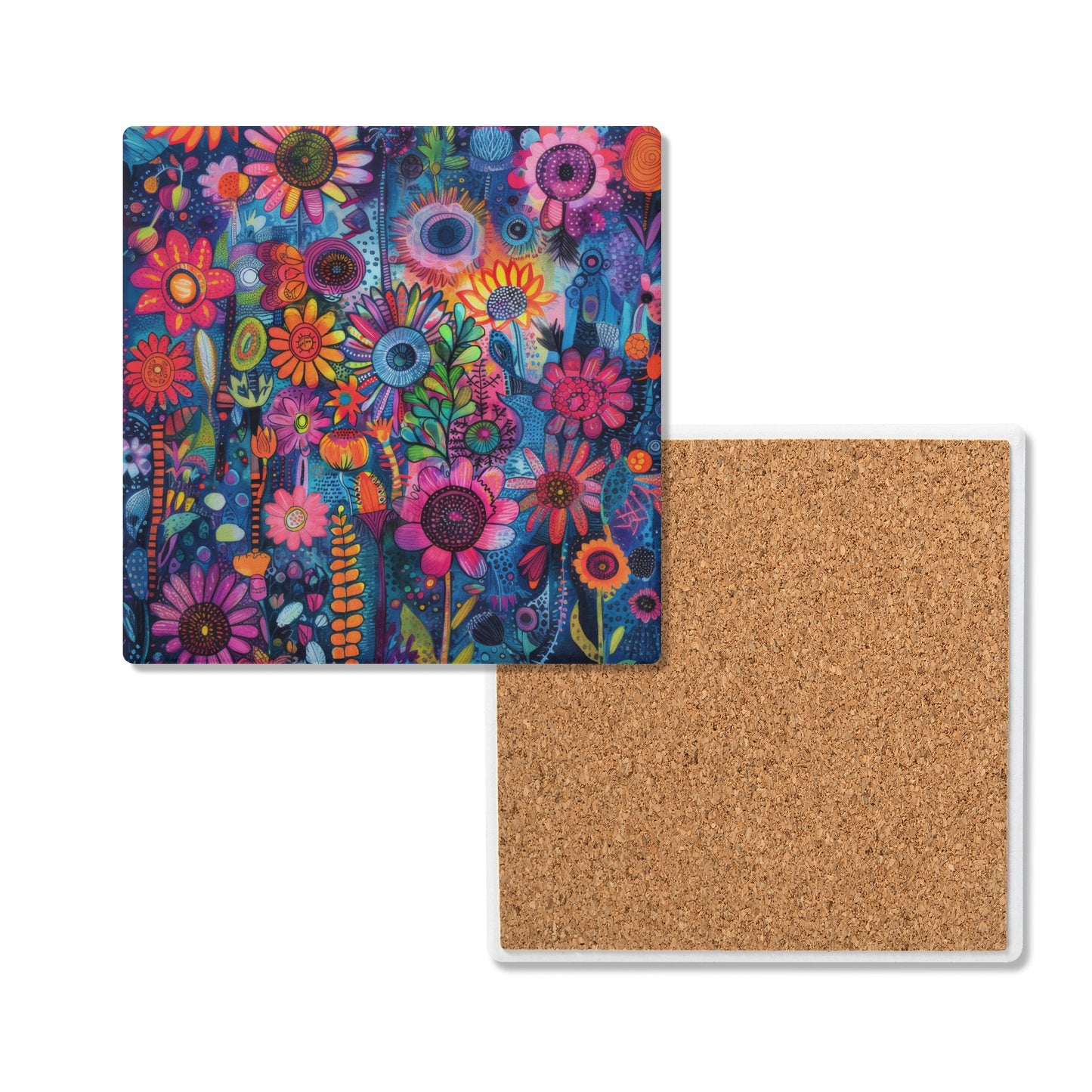 Vibrant Flower Garden Abstract Print Square Ceramic Coasters - Set of 4