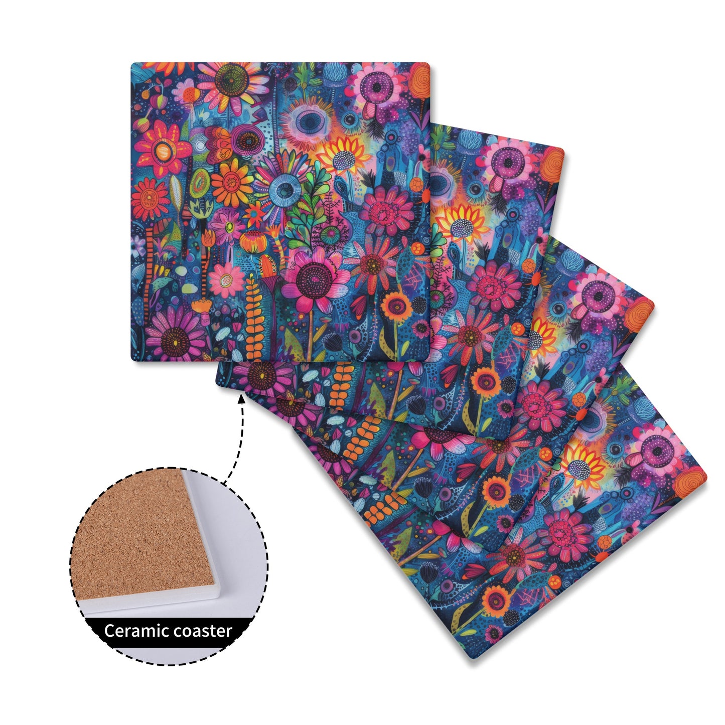 Vibrant Flower Garden Abstract Print Square Ceramic Coasters - Set of 4