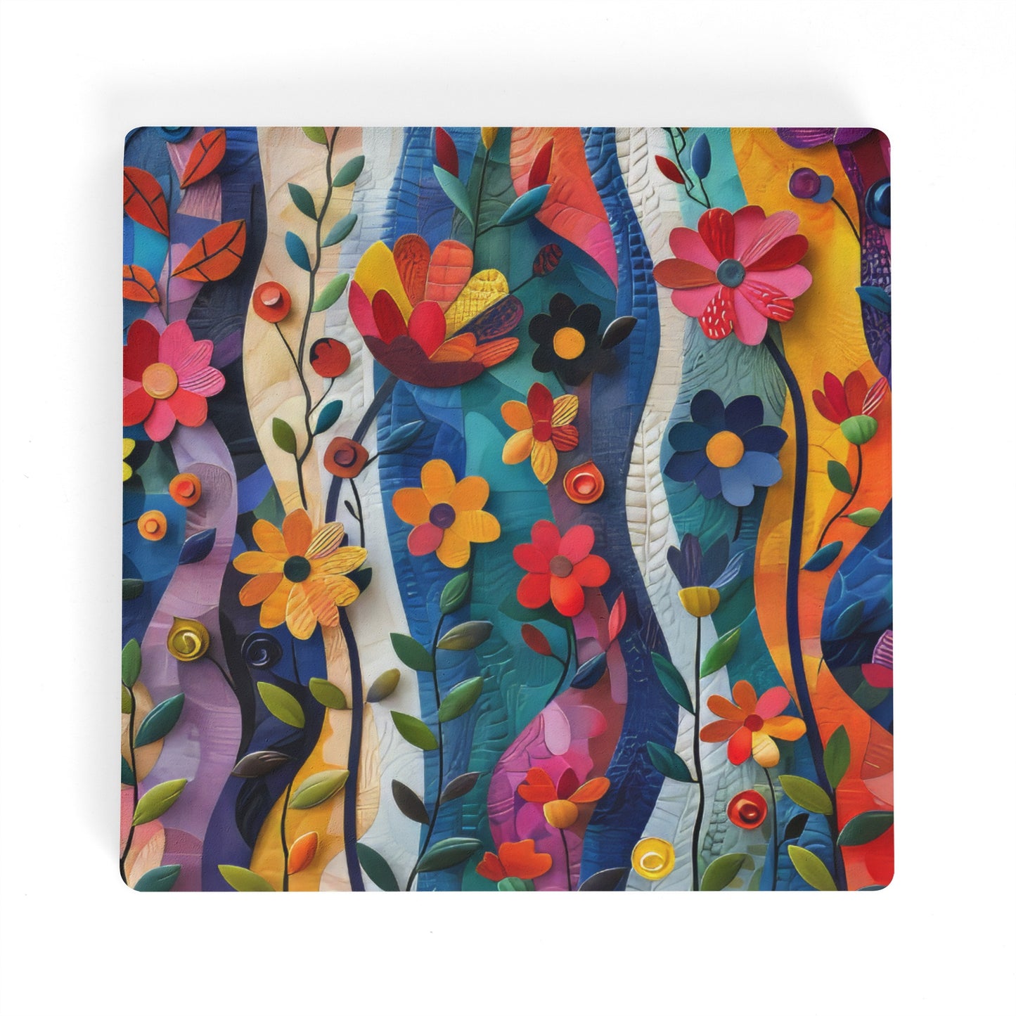 Vibrant Flower Garden in 3d Abstract Design Square Ceramic Coasters - Set of 4