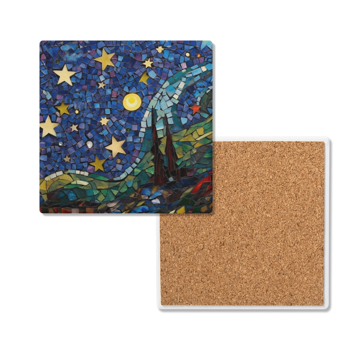 Starry Sky Nighttime Stain Glass Print on  Square Ceramic Coasters - Set of 4