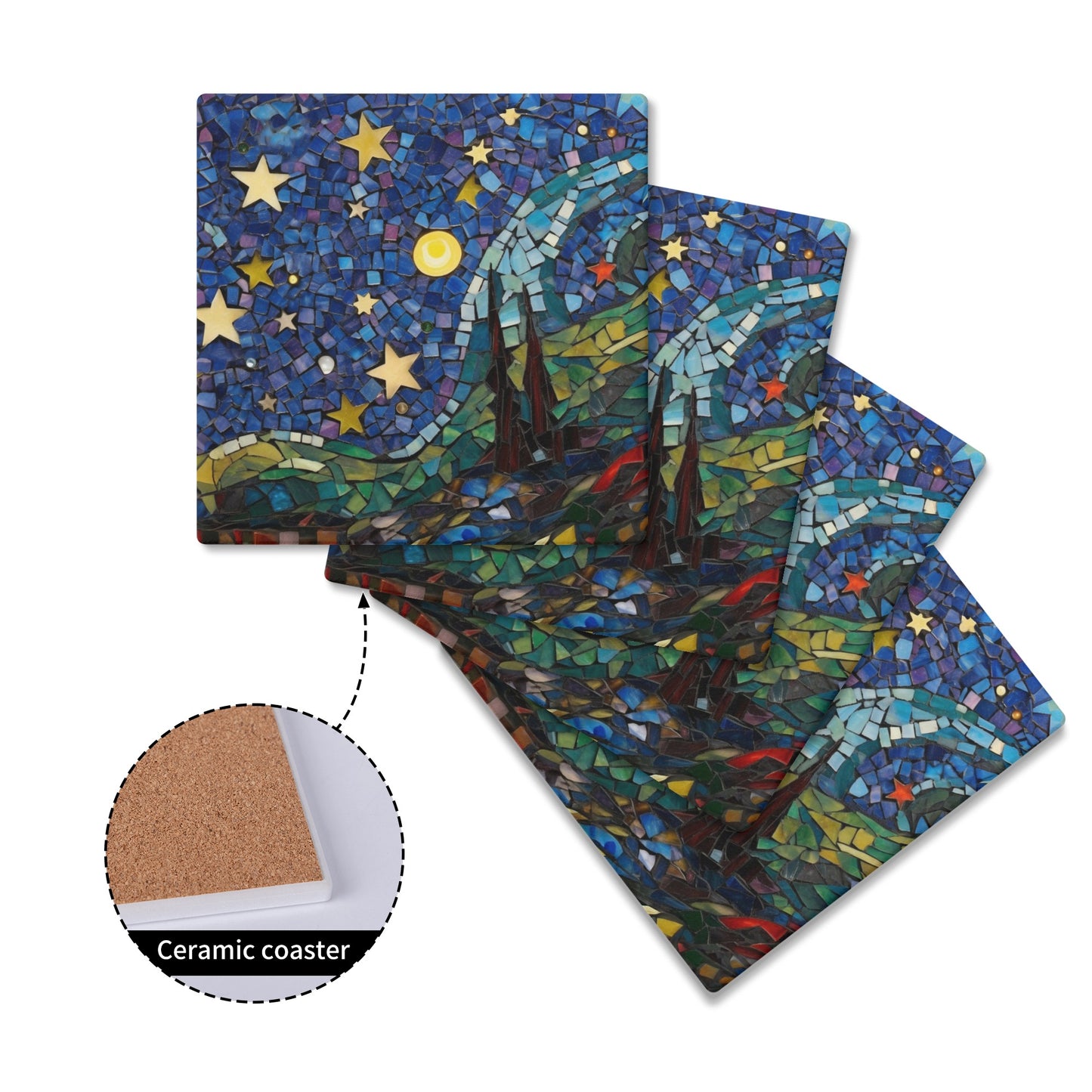 Starry Sky Nighttime Stain Glass Print on  Square Ceramic Coasters - Set of 4