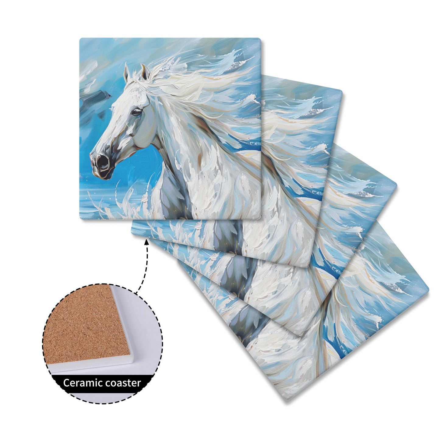 Majestic White Stallion Galloping Along the Ocean's Edge Print Square Ceramic Coasters - Set of 4