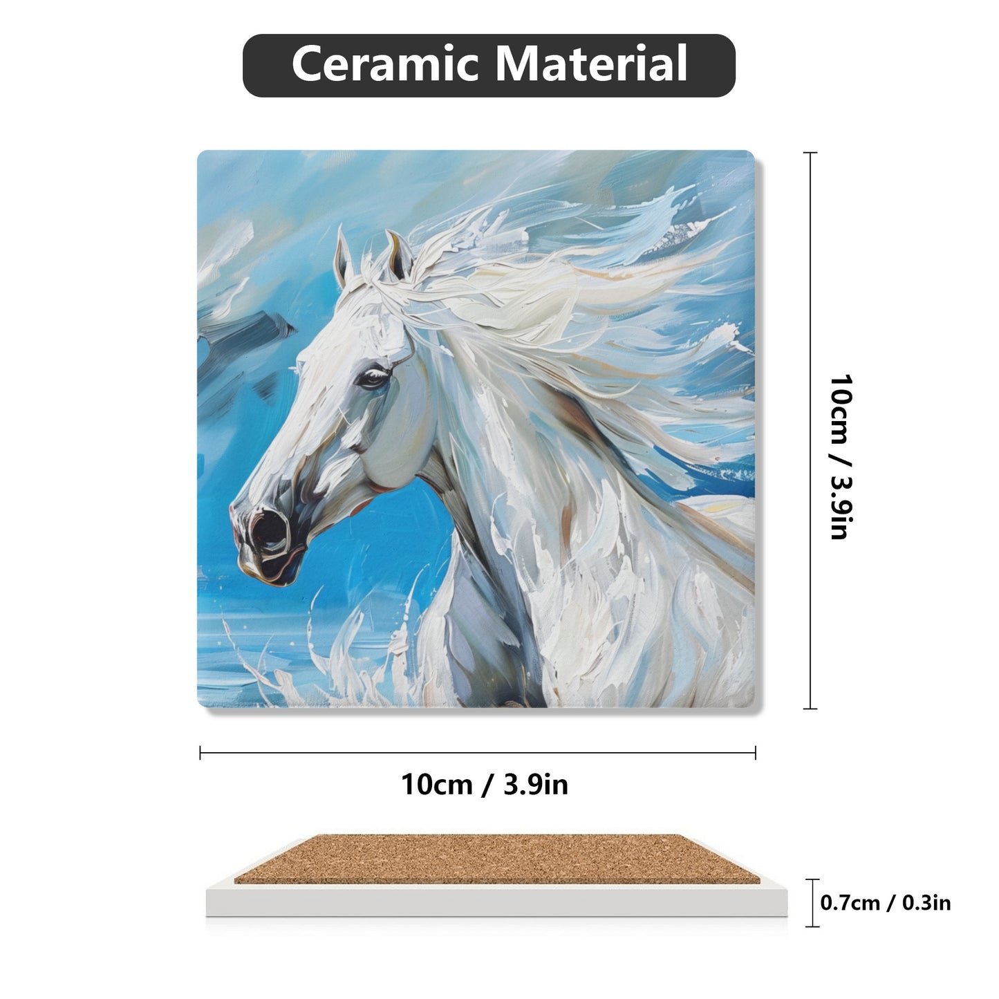 Majestic White Stallion Galloping Along the Ocean's Edge Print Square Ceramic Coasters - Set of 4