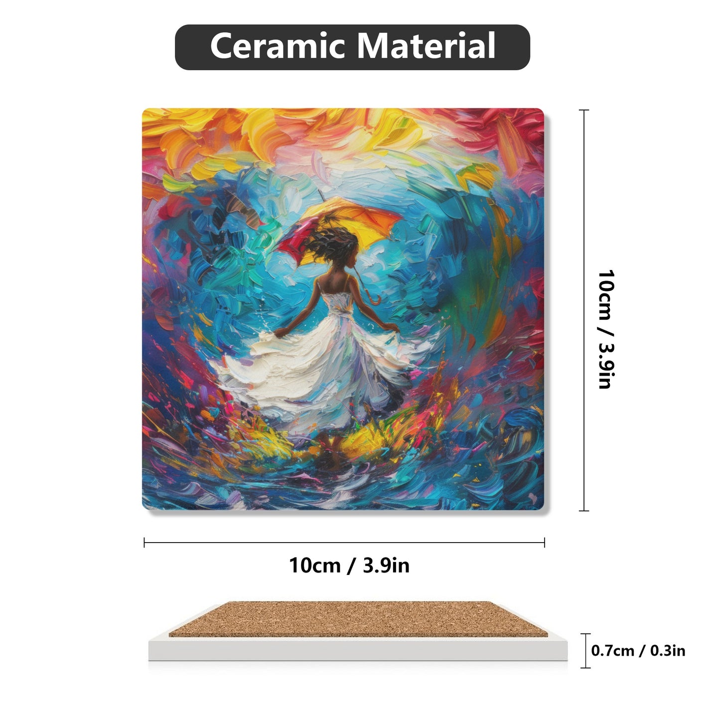 Woman in Flowing White Dress Dancing Amid Vibrant Flames and Cascading Water Square Ceramic Coasters - Set of 4