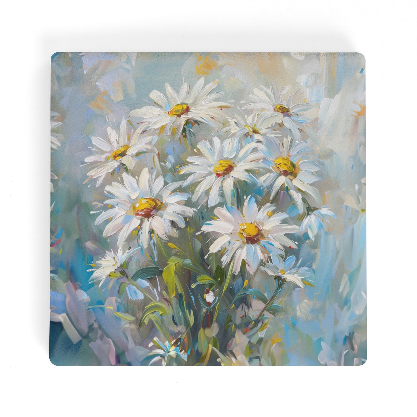 Bouquet of Daisies Painted in Watercolor Style with Blues and Gold Adorning the Background Square Ceramic Coasters - Set of 4