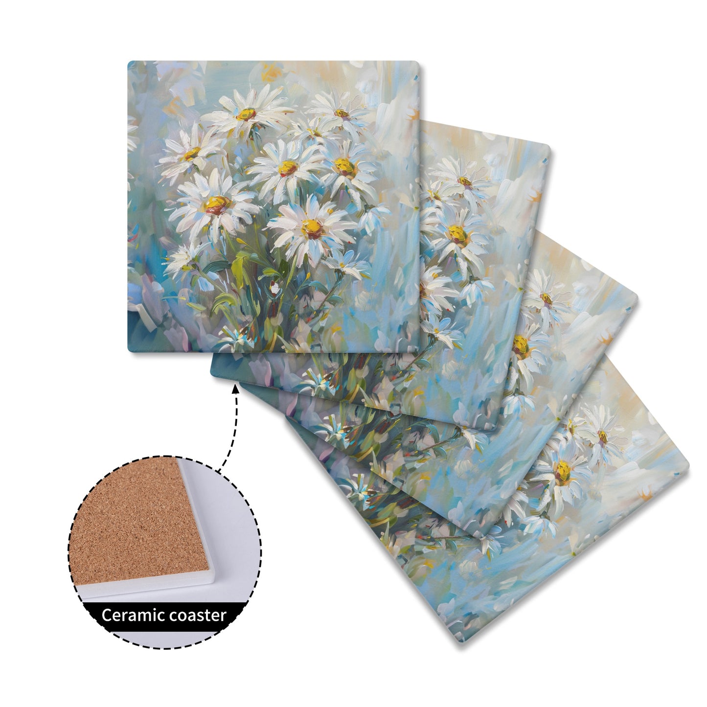 Bouquet of Daisies Painted in Watercolor Style with Blues and Gold Adorning the Background Square Ceramic Coasters - Set of 4