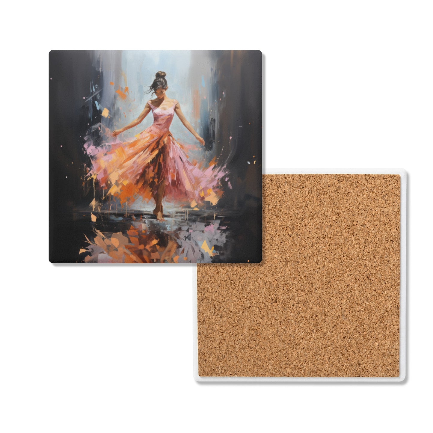 Swirling Splendor: Ballerina in Orange and Pink Dress Dancing Amidst the Reflecting Rain Square Ceramic Coasters - Set of 4