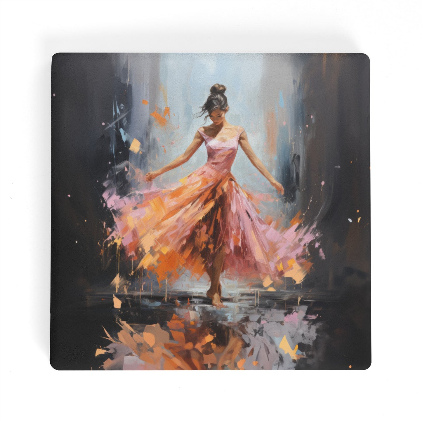 Swirling Splendor: Ballerina in Orange and Pink Dress Dancing Amidst the Reflecting Rain Square Ceramic Coasters - Set of 4