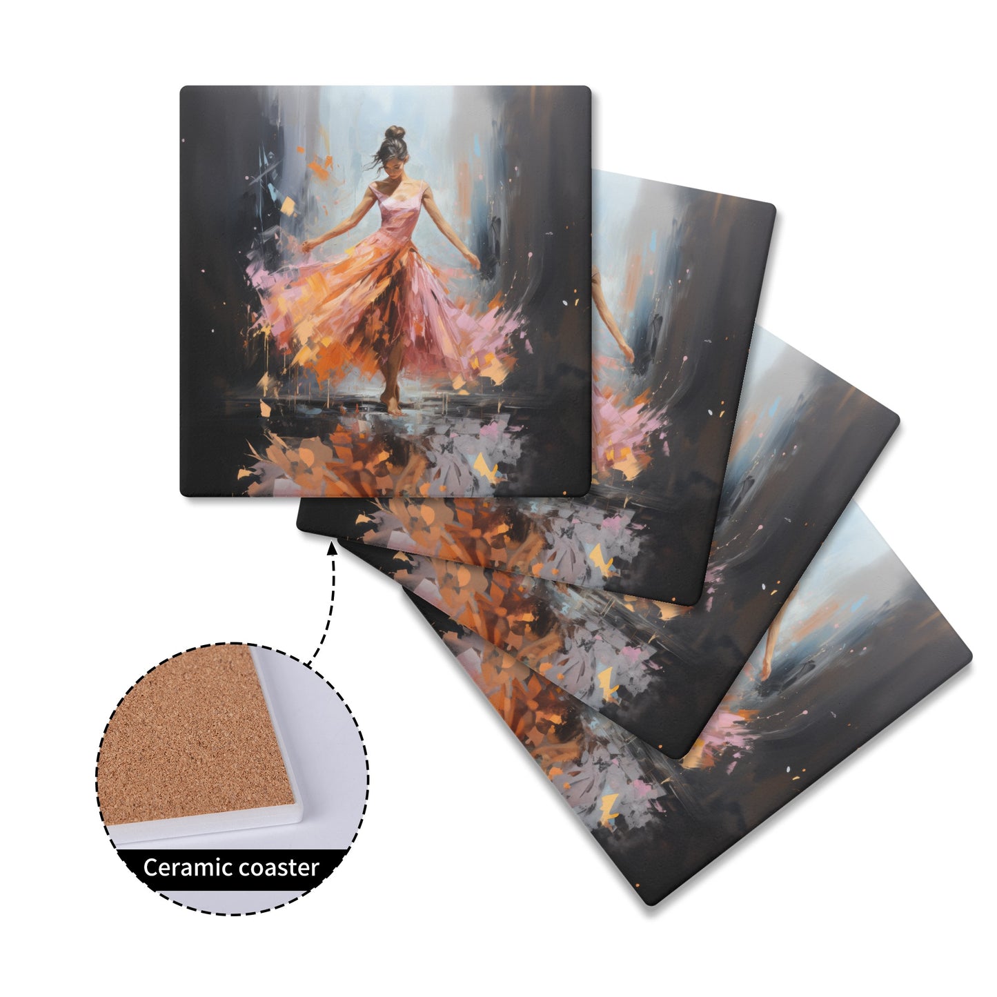 Swirling Splendor: Ballerina in Orange and Pink Dress Dancing Amidst the Reflecting Rain Square Ceramic Coasters - Set of 4