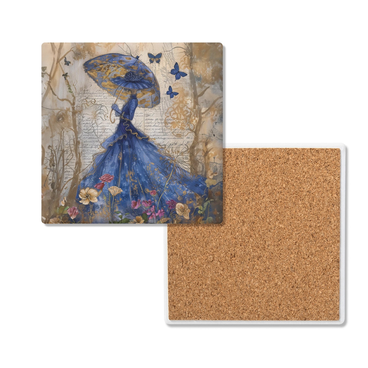 Victorian Splendor of a Women in Blue Hats & Dresses, Graced by Blue Butterflies in a Vintage Flower Garden Square Ceramic Coasters - Set of 4