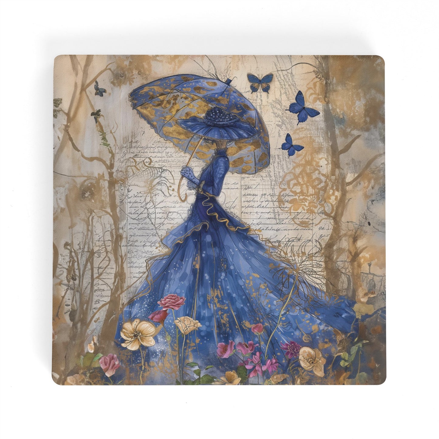 Victorian Splendor of a Women in Blue Hats & Dresses, Graced by Blue Butterflies in a Vintage Flower Garden Square Ceramic Coasters - Set of 4