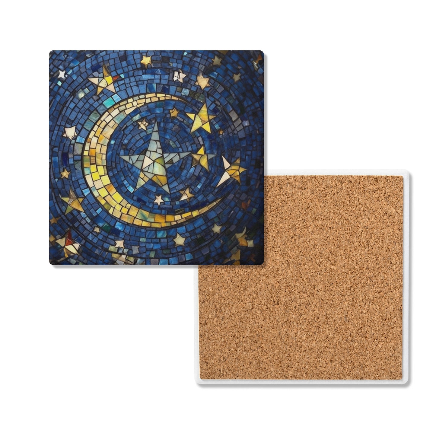 Starry Sky Moon and Stars Stain Glass Print on Square Ceramic Coasters - Set of 4