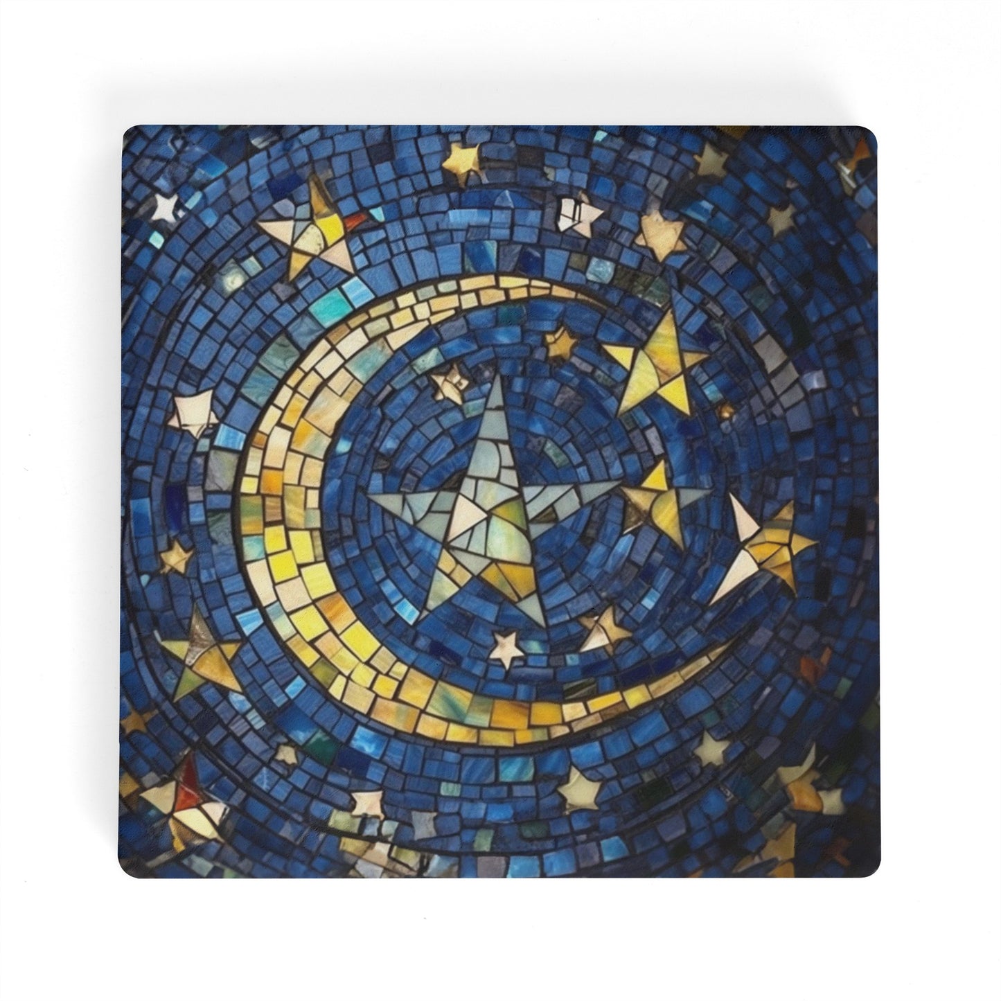 Starry Sky Moon and Stars Stain Glass Print on Square Ceramic Coasters - Set of 4