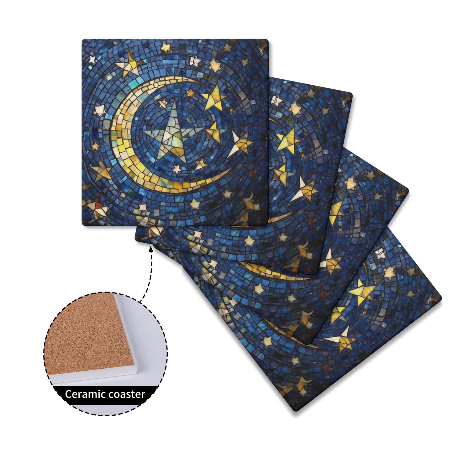 Starry Sky Moon and Stars Stain Glass Print on Square Ceramic Coasters - Set of 4