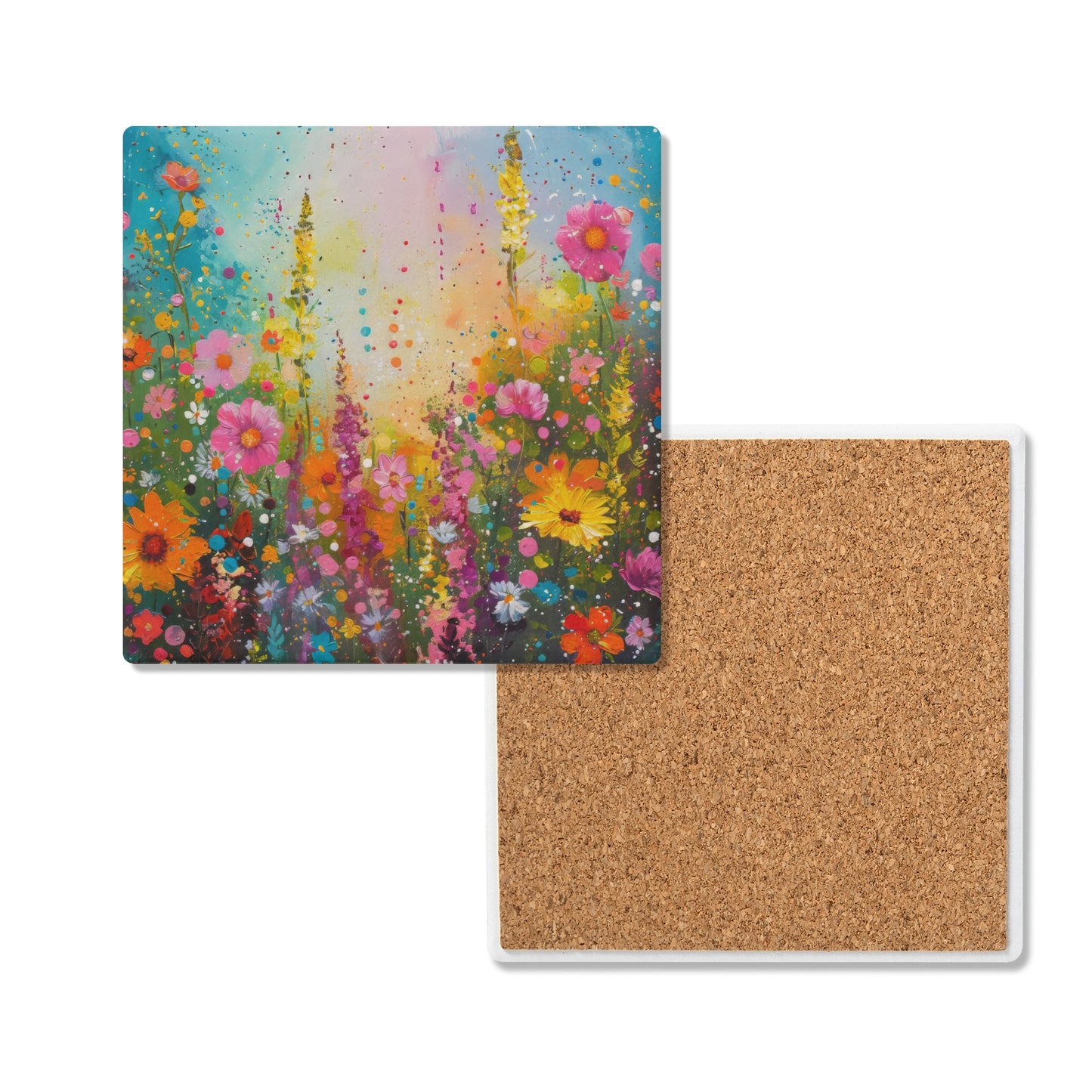 Summer Sunshine in Fields of Bright Flowers Print Square Ceramic Coasters - Set of 4