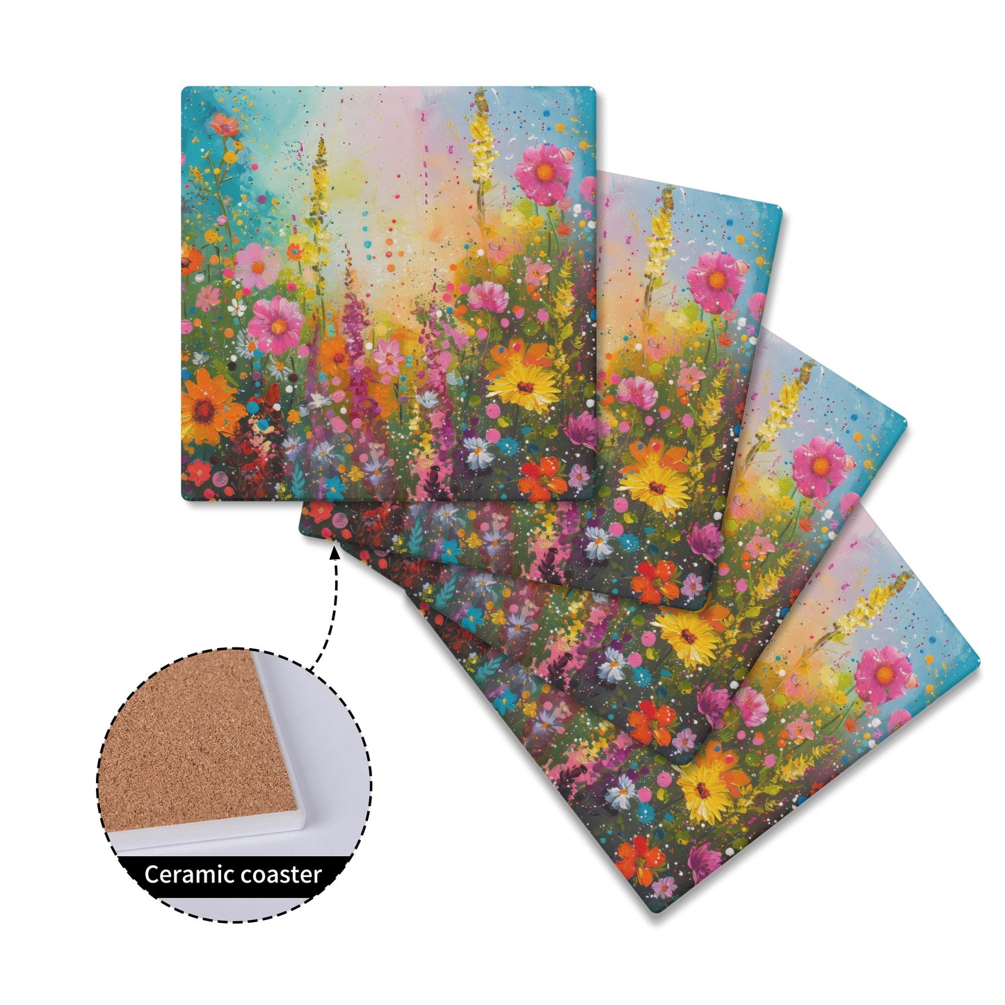 Summer Sunshine in Fields of Bright Flowers Print Square Ceramic Coasters - Set of 4
