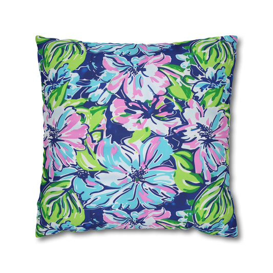 Seaside Coastal Pink, Navy, and Green Tropical Blooms Spun Polyester Square Pillowcase 4 Sizes