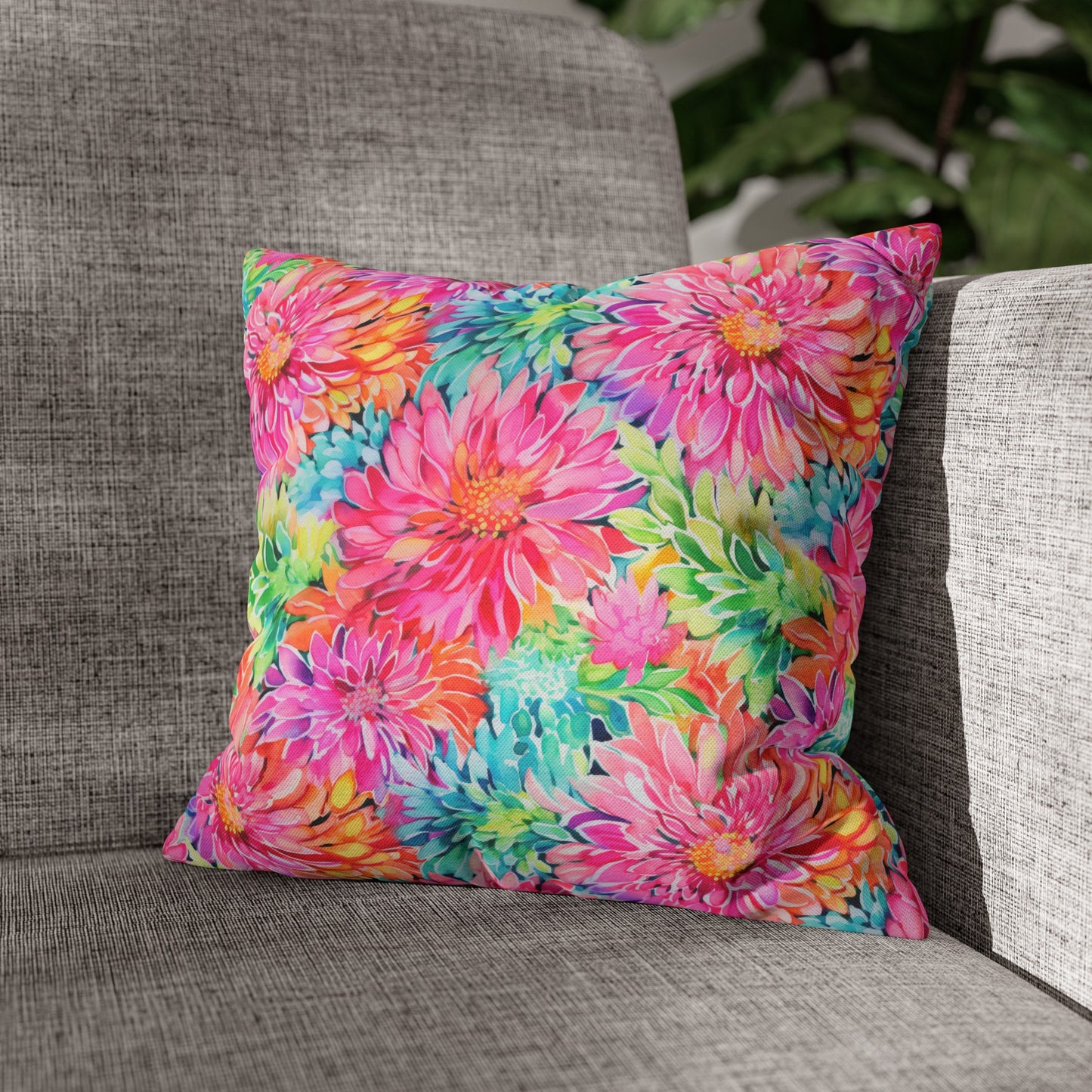 Blooming Spectrum: Large Vibrant Watercolor Flowers in Full Bloom Spun Polyester Square Pillowcase 4 Sizes