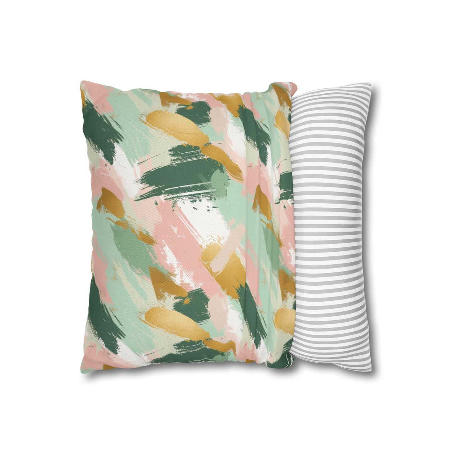 Spring Brushstrokes Abstract in Light Green, Pink, and Gold Spun Polyester Square Pillowcase 4 Sizes