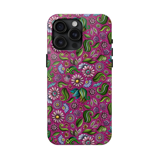 Purple & Pink Daisy Floral Print Hot Pink Background Iphone Tough Phone Case