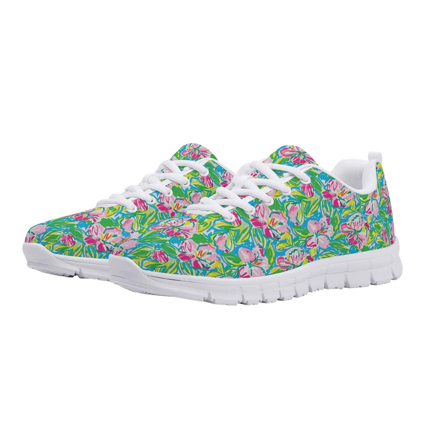 Whispering Meadows: Pink Blossoms, Lush Green Leaves, and Accents of Yellow and Blue Womens EVA Mesh Running Shoes US5-US12