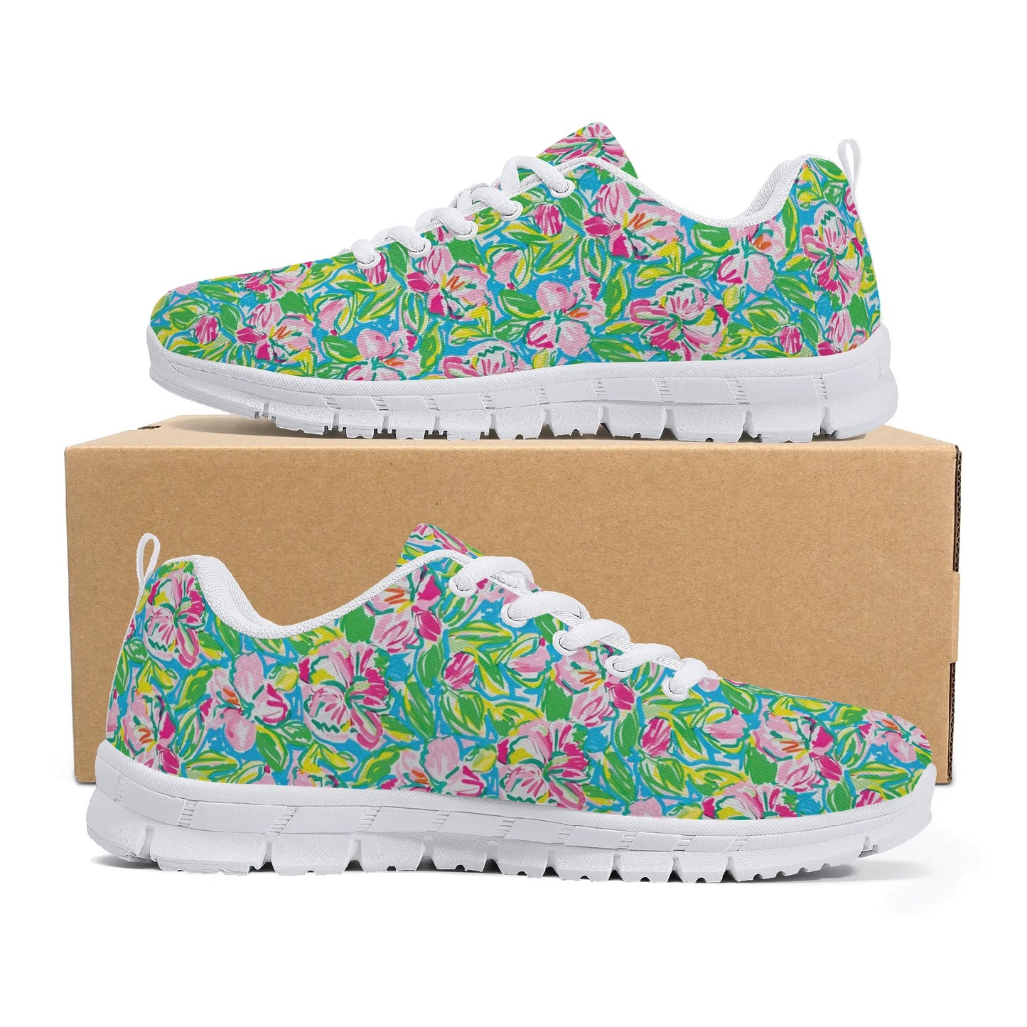 Whispering Meadows: Pink Blossoms, Lush Green Leaves, and Accents of Yellow and Blue Womens EVA Mesh Running Shoes US5-US12