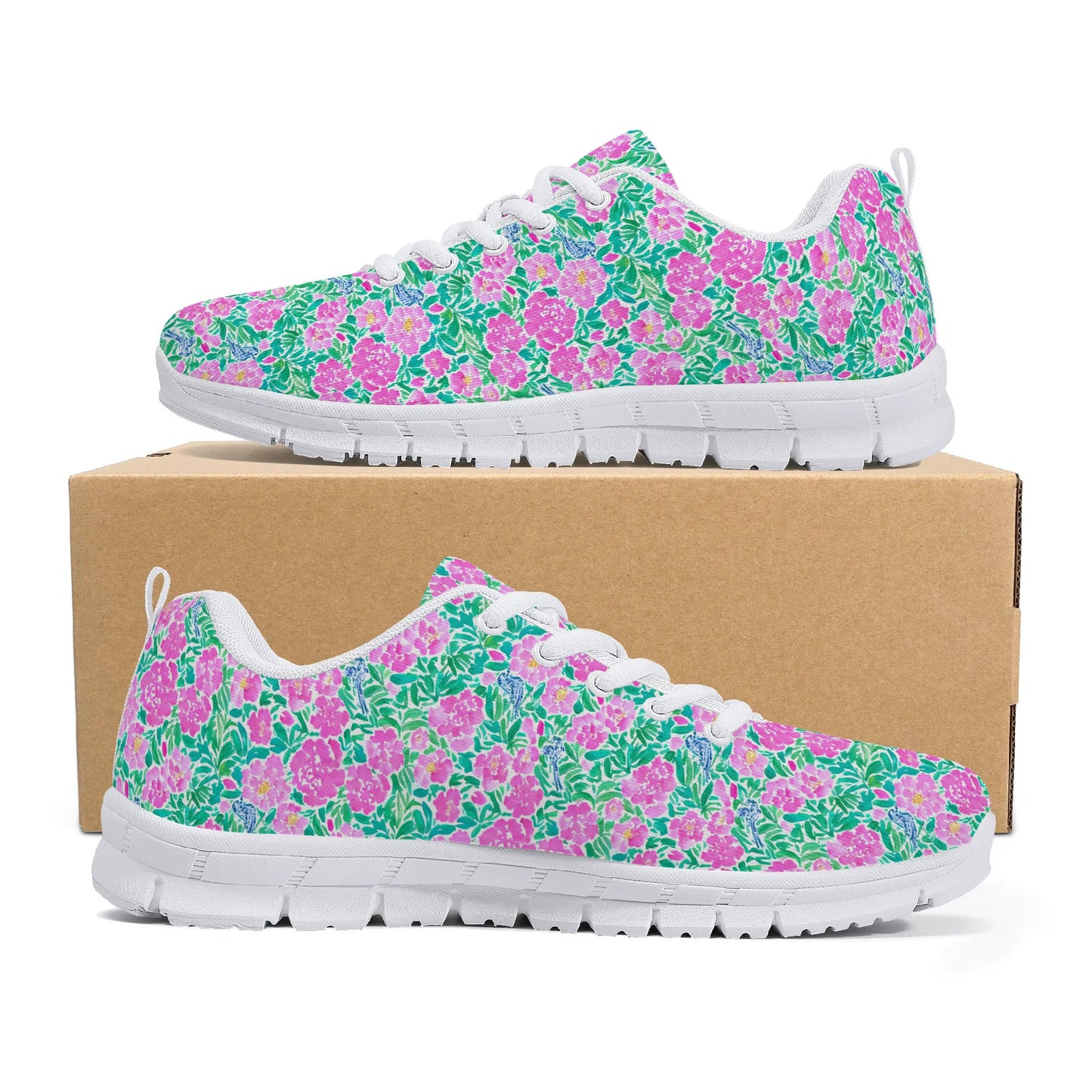Springtime Whispers: Tiny Birds and Pink Blooms, Subtle Blue Accents, and Lush Green Leaves Womens EVA Mesh Running Shoes US5-US12