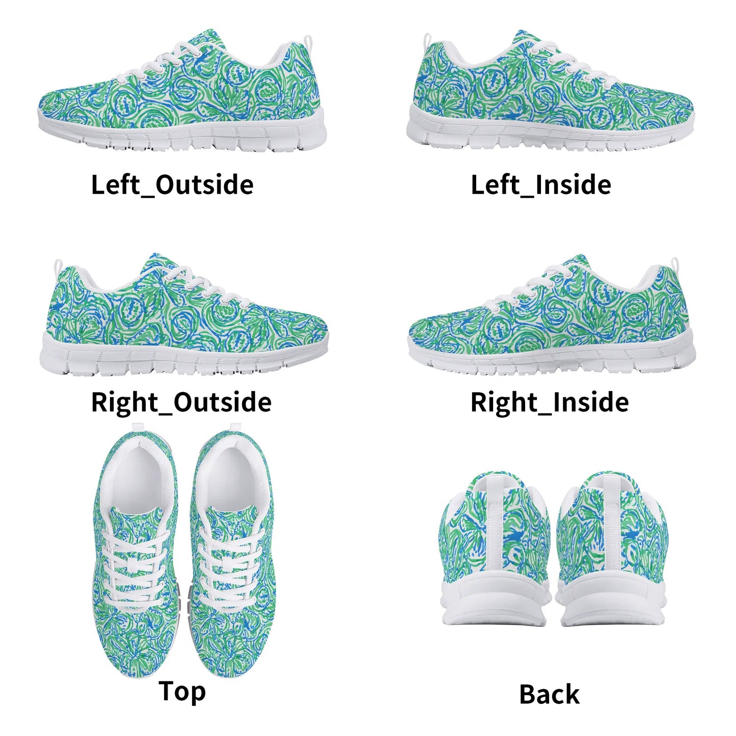 Emerald Tide: Swirling Green and Blue Flowers Womens EVA Mesh Running Shoes US5-US12