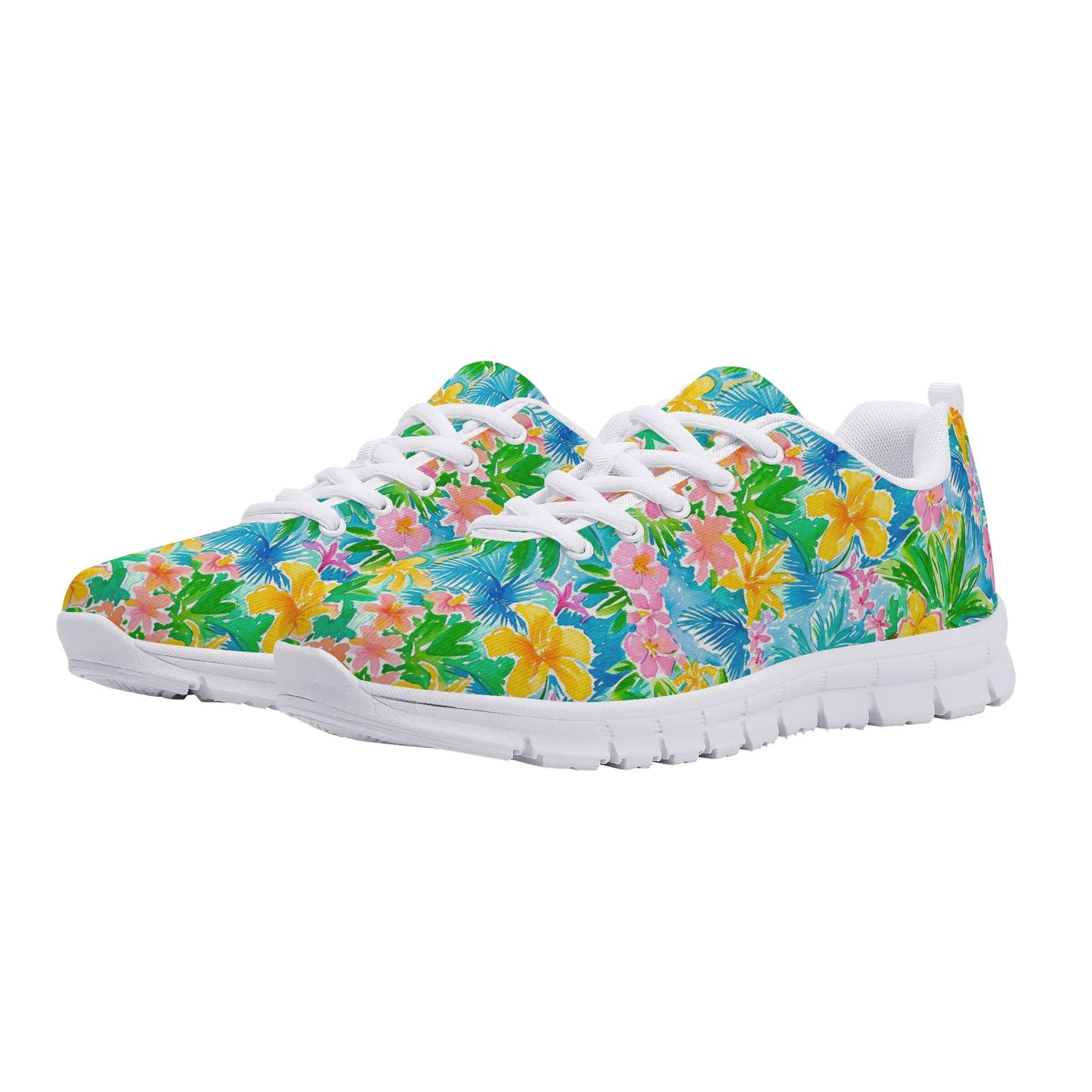 Tropical Harmony: Watercolor Yellow and Pink Hibiscus Flowers with Blue and Green Palm Leaves Womens EVA Mesh Running Shoes US5-US12